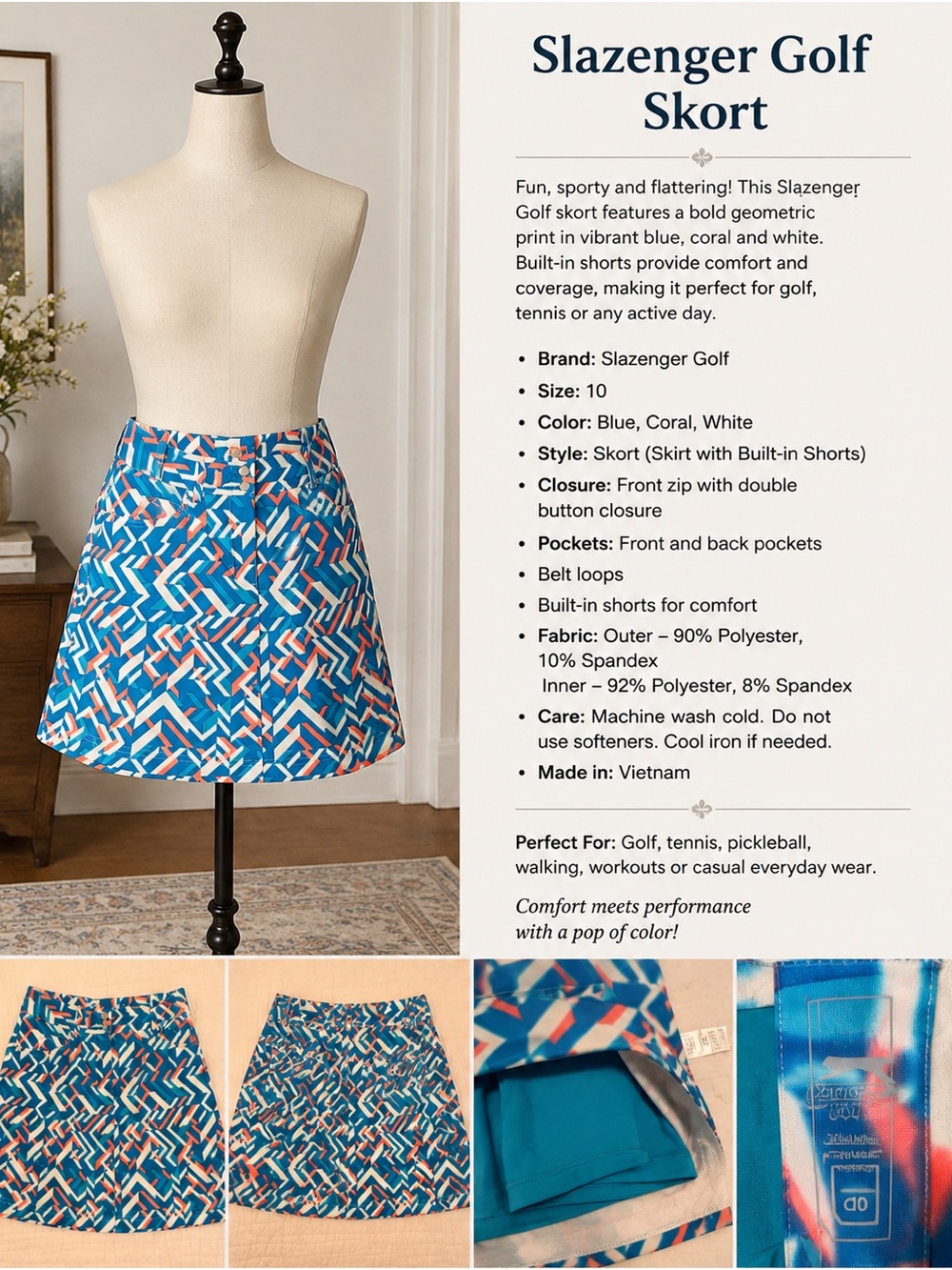 Slazenger Blue Coral White Geometric Skort
